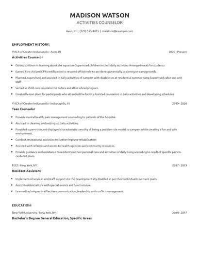Activities Counselor Resume