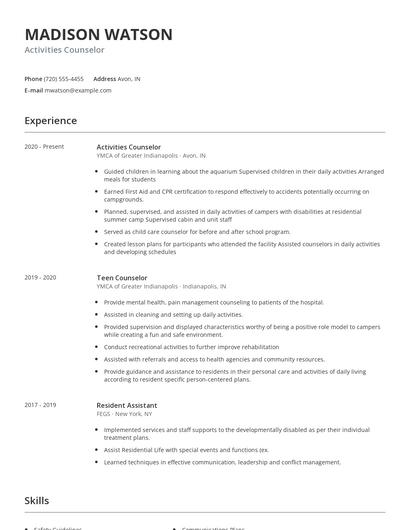 Activities Counselor Resume