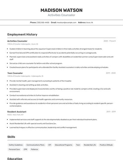 Activities Counselor Resume