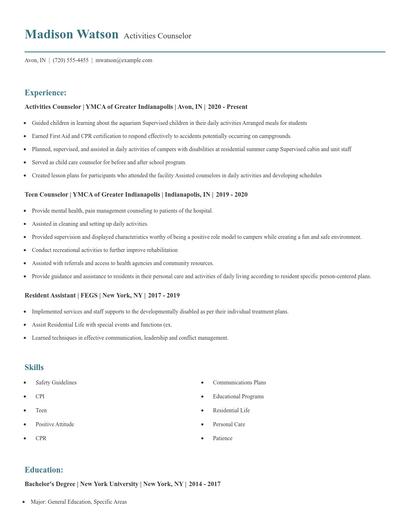 Activities Counselor Resume
