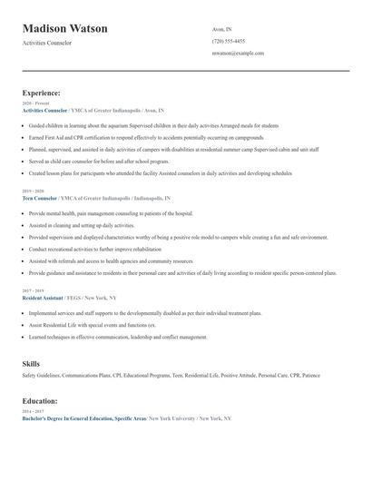 Activities Counselor Resume