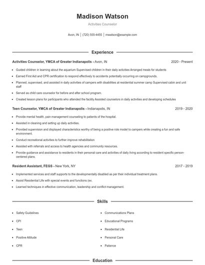 Activities Counselor Resume