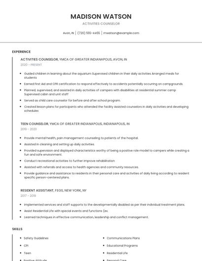 Activities Counselor Resume