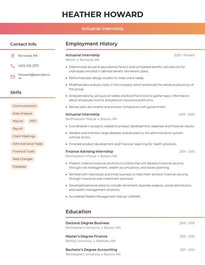 Actuarial Internship Resume