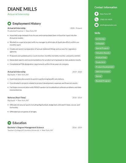 Actuarial Internship Resume