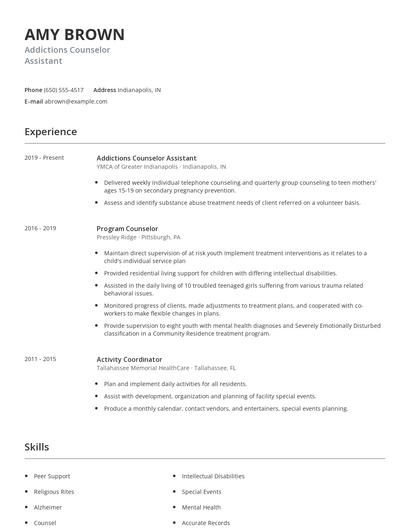 Addictions Counselor Assistant Resume