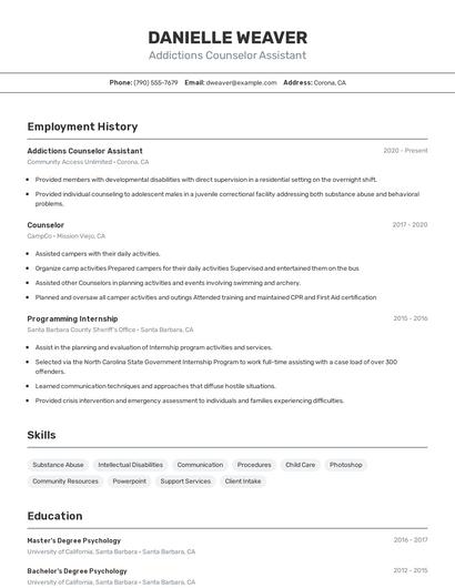 Addictions Counselor Assistant Resume