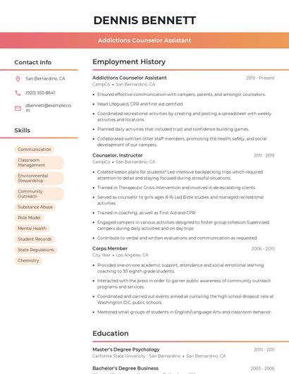 Addictions Counselor Assistant Resume