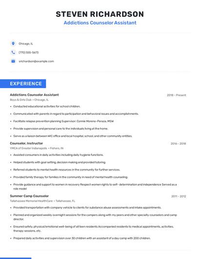 Addictions Counselor Assistant Resume