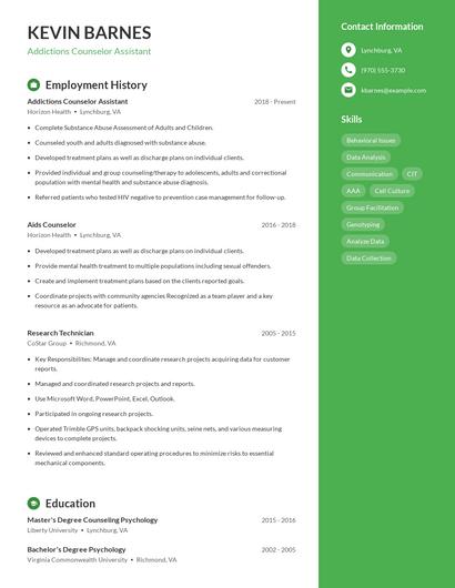 Addictions Counselor Assistant Resume