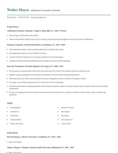 Addictions Counselor Assistant Resume