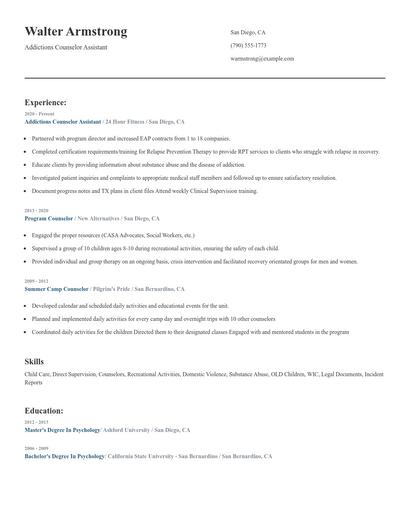 Addictions Counselor Assistant Resume