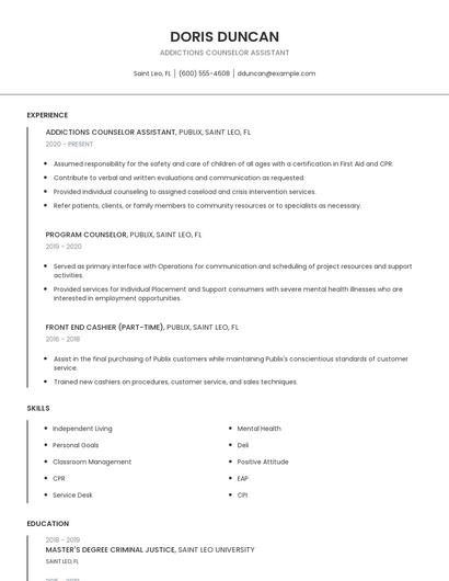 Addictions Counselor Assistant Resume