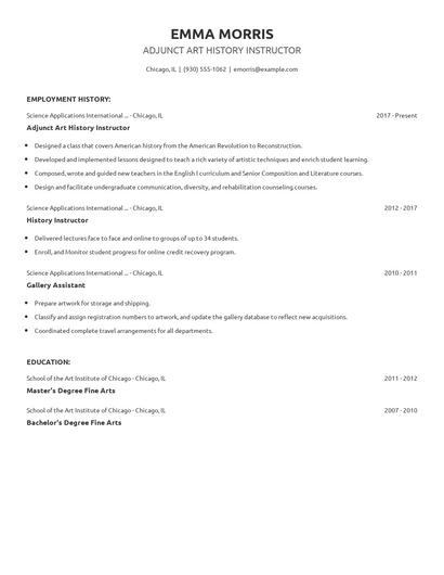 Adjunct Art History Instructor Resume