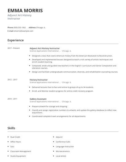 Adjunct Art History Instructor Resume