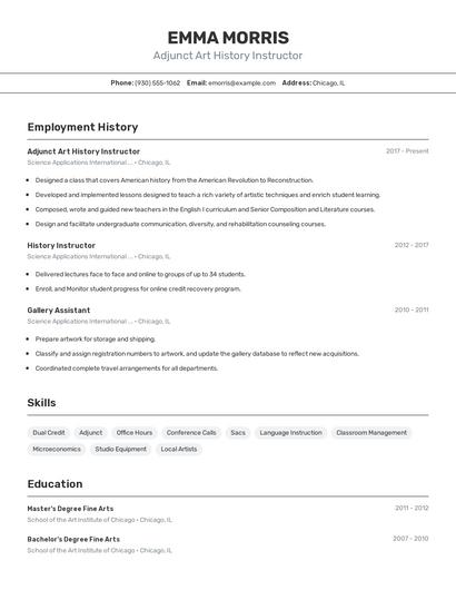 Adjunct Art History Instructor Resume