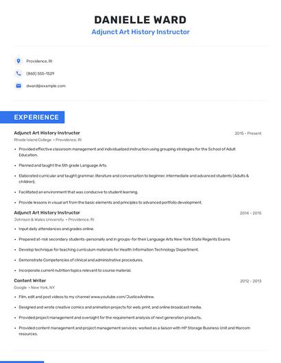 Adjunct Art History Instructor Resume