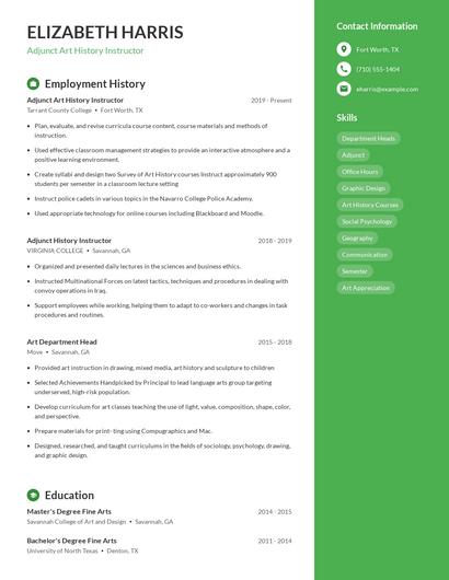 Adjunct Art History Instructor Resume