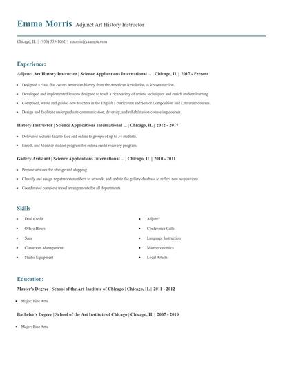 Adjunct Art History Instructor Resume