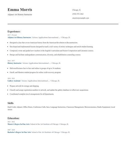 Adjunct Art History Instructor Resume