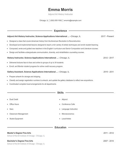 Adjunct Art History Instructor Resume