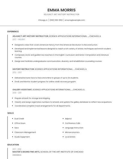 Adjunct Art History Instructor Resume