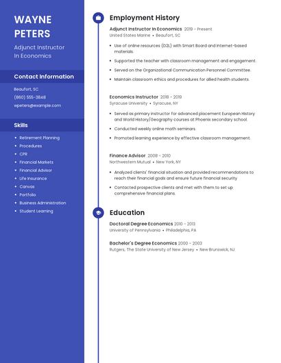 Adjunct Instructor In Economics Resume