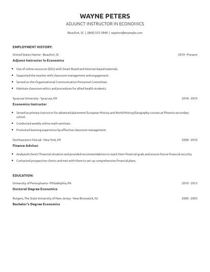 Adjunct Instructor In Economics Resume
