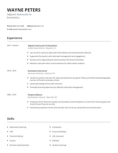 Adjunct Instructor In Economics Resume