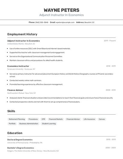 Adjunct Instructor In Economics Resume