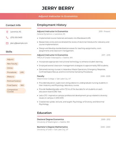 Adjunct Instructor In Economics Resume
