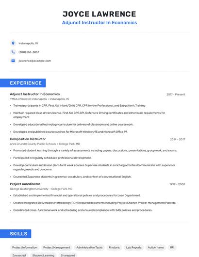 Adjunct Instructor In Economics Resume