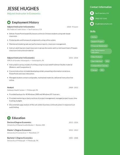 Adjunct Instructor In Economics Resume