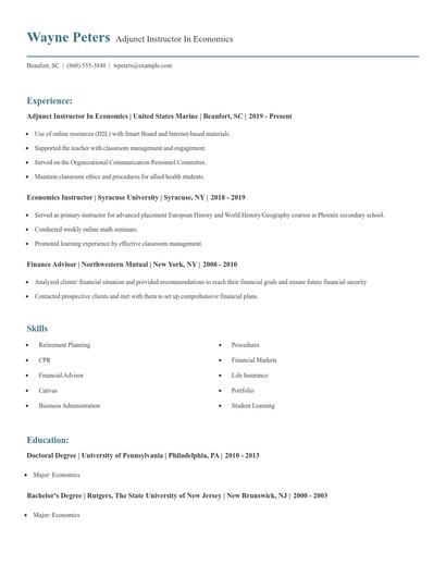 Adjunct Instructor In Economics Resume