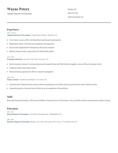 Adjunct Instructor In Economics Resume