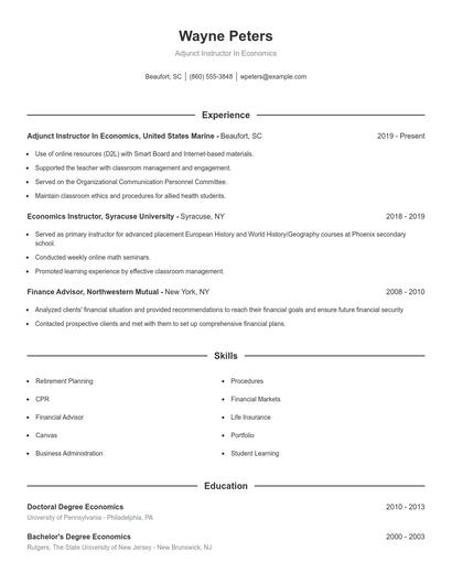 Adjunct Instructor In Economics Resume