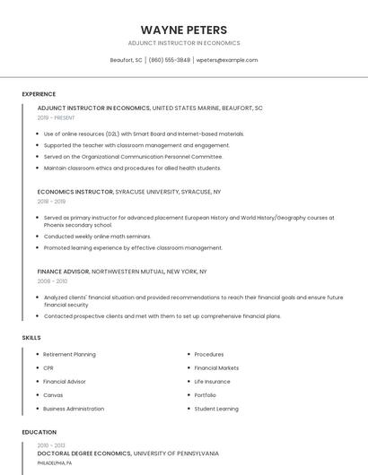 Adjunct Instructor In Economics Resume