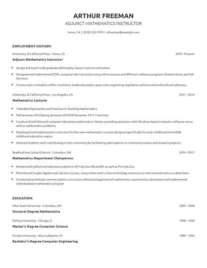 Adjunct Mathematics Instructor Resume