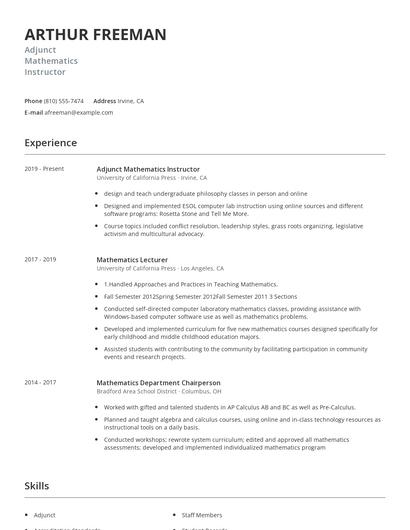 Adjunct Mathematics Instructor Resume