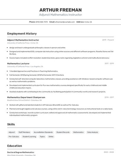Adjunct Mathematics Instructor Resume