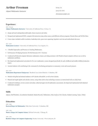 Adjunct Mathematics Instructor Resume