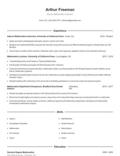 Adjunct Mathematics Instructor Resume