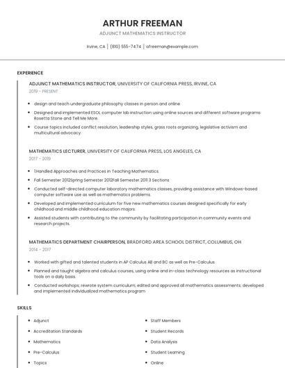 Adjunct Mathematics Instructor Resume