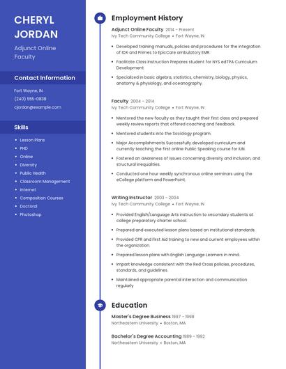 Adjunct Online Faculty Resume