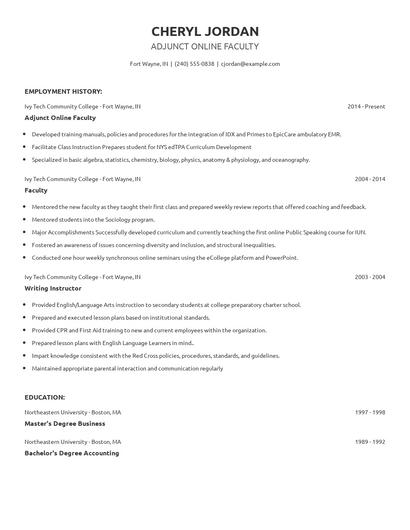 Adjunct Online Faculty Resume