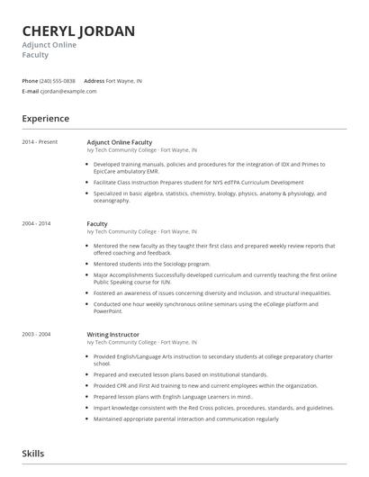 Adjunct Online Faculty Resume