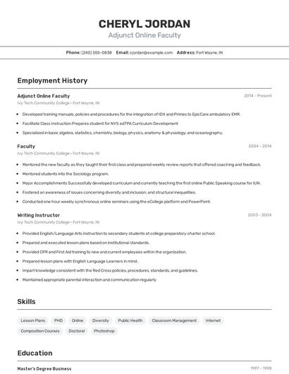 Adjunct Online Faculty Resume