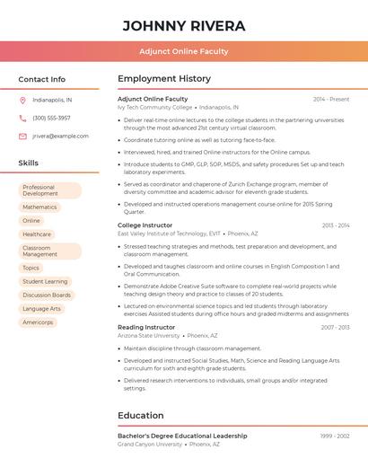 Adjunct Online Faculty Resume