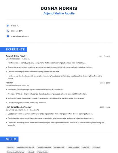 Adjunct Online Faculty Resume