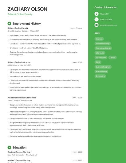 Adjunct Online Faculty Resume